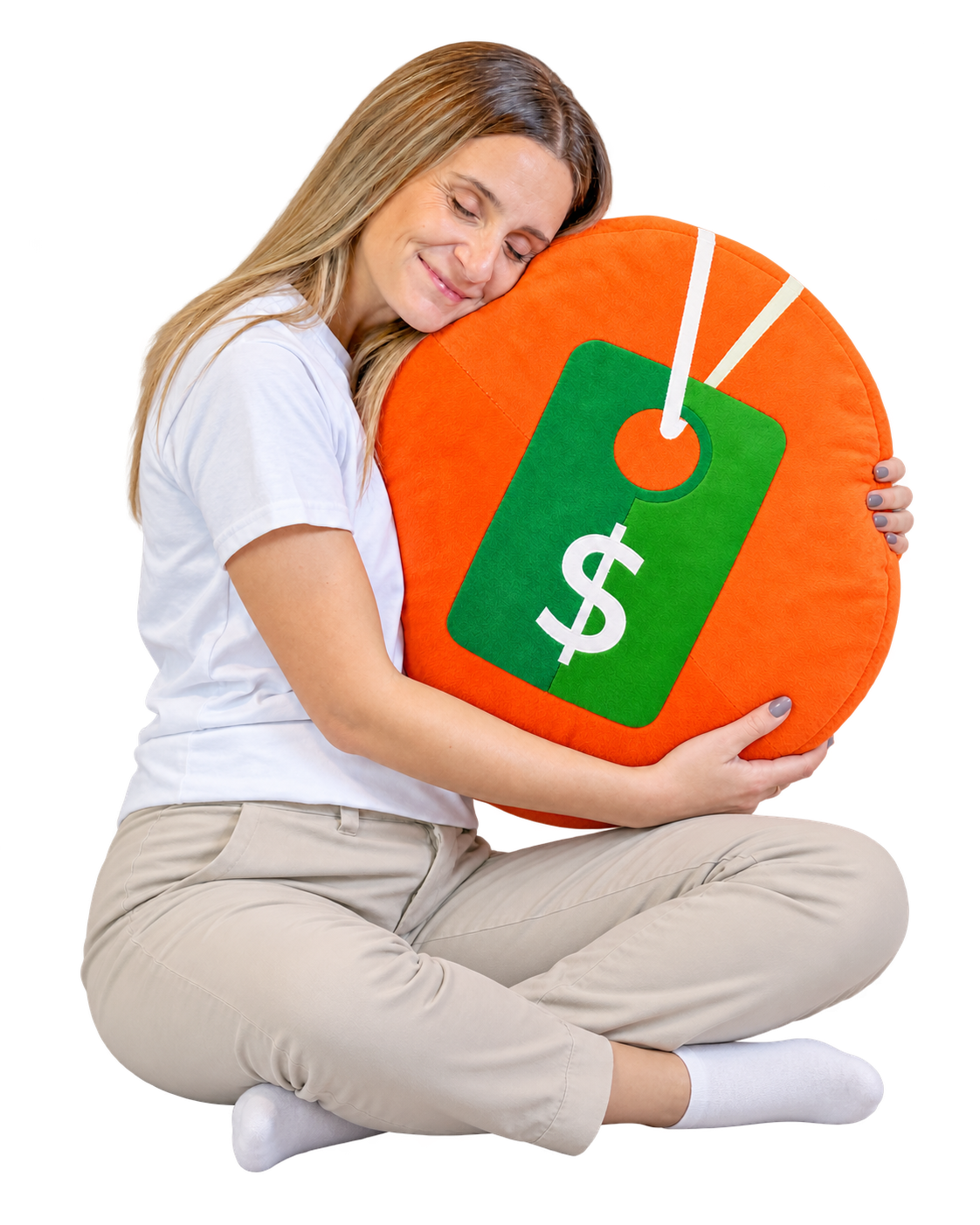 Melina abrazando un almohadón con el logo de Precios Rosario